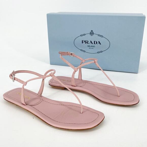 Prada Pale Pink Patent Leather T Strap Thong Strappy Flat Sandal size IT 37